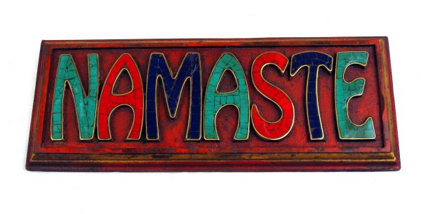 Wooden Namaste Wall Plaque with Turquoise, Coral and Lapiz Mosaic