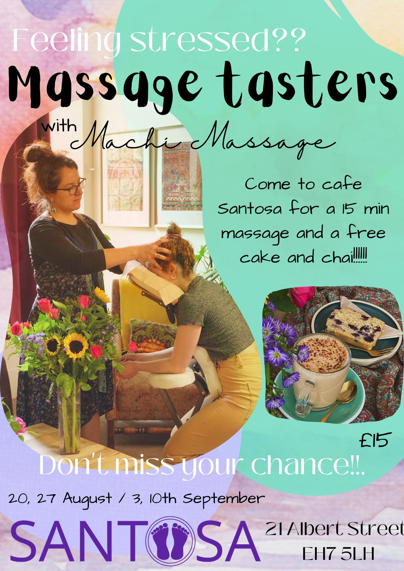 Stress Buster Taster Massage with Chai+Cake at Santosa Edinburgh